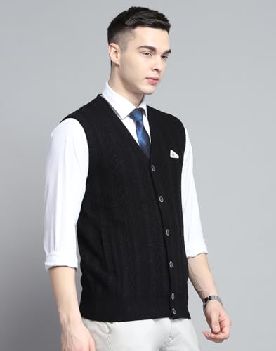 Monte Carlo Mens Self Design Black V Neck Sleeveless Cardigan_1243147SC-901