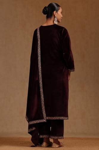Soch Womens Wine Velvet Embroidered Suit Set With Sequins