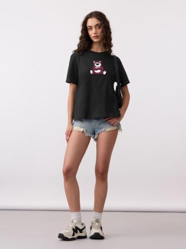 The Souled Store Lotso: So Grumpy Women and Girls Short Sleeves Round Neck Black Embroidered Cotton Relaxed Fit Lightweight Everyday Comfortable T-Shirts