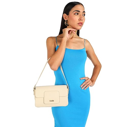 KLEIO Vegan Leather Box-Shaped Monochromatic Handbag for Women (Cream) with Magnetic Closure