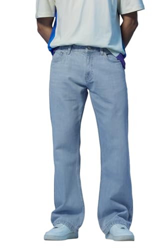 SNITCH Stars Within Men Casual Jeans | Light-Washed Bootcut Design with Turned-Up Hem & Relaxed Thigh | 100% Cotton Smooth Texture for Summer Comfort & Vintage Style |Light Blue