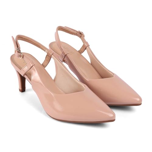 tresmode SAKA Women's Block Heels Pumps Leather Stylish Nude, 7 UK / 40 EU - Pointed Toe Ladies Footwear Soft Comfortable Sandals