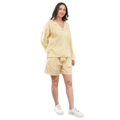 Women's Yellow Striped Lounge Co-ord Set | Full Sleeve Collared Button-Down Shirt with Shorts | Comfortable Casual Nightwear, Loungewear & Sleepwear Set for Women (in, Alpha, S, Regular)