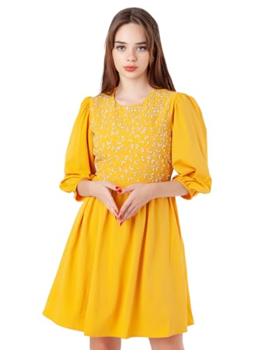 Zink London Women's Yellow Embroidered Flared Short Dress