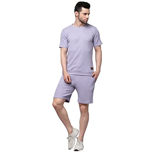 Rigo Waffle Knit Self Textured Co-ord Set for Men | Night Suit Set | Lounge-wear Nightdress Pajama Set | Beach, Vacation Wear Light Purple
