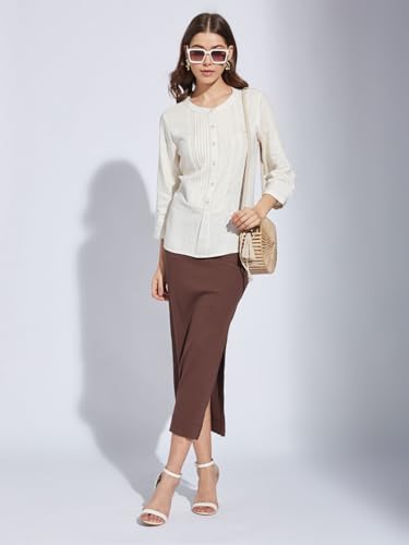 Latin Quarters Women White Round Neck 3/4th Sleeve Solid Tunic Blouse_2XL