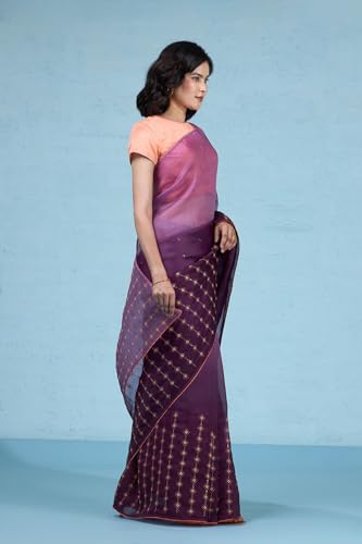 Taneira Women Violet Pure Silk Organza Embroidered Saree with Unstitched Blouse Piece (SPH08H00101-Violet)