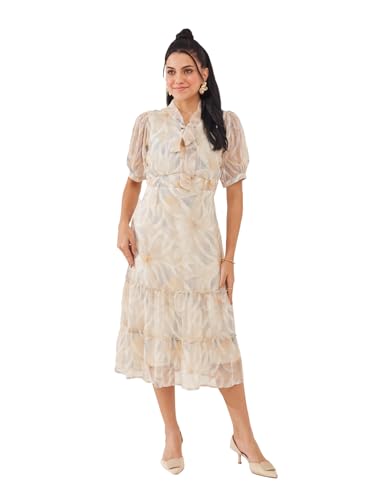 Latin Quarters Women's Beige Printed Half Sleeves Tie-Up Casual Fit & Flared Dress_S