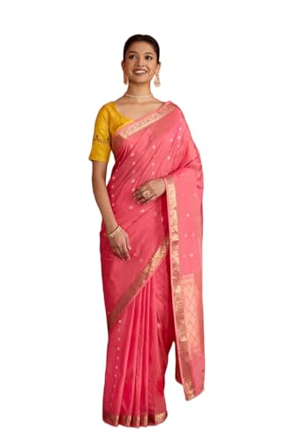 Taneira Women Pink Silk Viscose Cutwork Banaras Inspired Design Saree with Unstitched Blouse Piece (SAPH02AA0402-Pink)