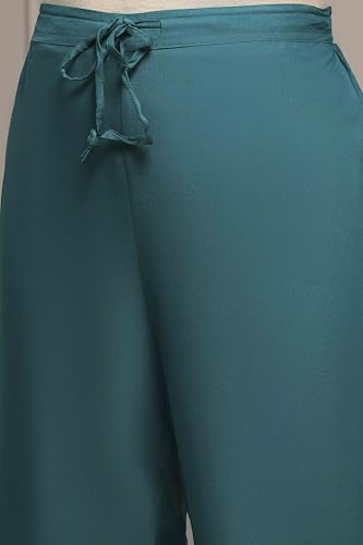 Biba Women Teal Green Viscose Rayon Straight Solid Suit Set_46