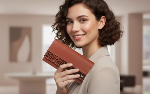 Calfnero Women's Genuine Leather Wallet-Long Purse Wallet with Multiple Card Slots, Zip Pocket and Note Compartment (Cognac)