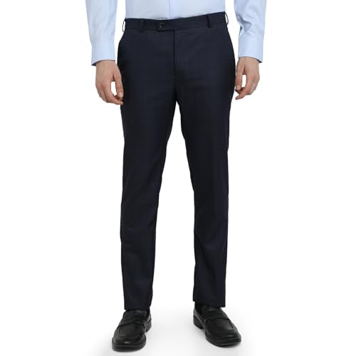 Raymond Men Slim Fit Checks Pattern Polyester Blend Flat Front Formal Trouser Blue