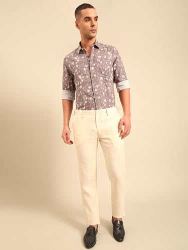 Linen Club Men's Regular Fit Solid Linen Casual Trouser | Linen Trouser for Men Beige