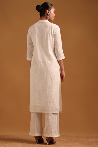 Soch Womens Off White Cotton Stripes Kurta Set With Lace Details