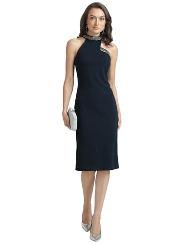 Kazo Women's Polyester Fit and Flare Knee-Length Dress (124140NVYBLXL_Navy Blue