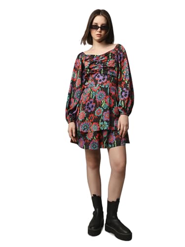 ONLY Women Floral Printed Fit and Flare Casual Dress Jet Black