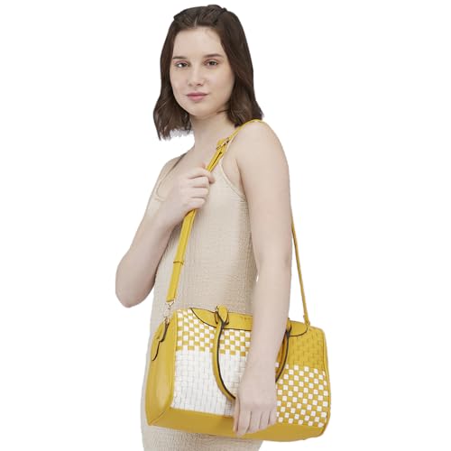 Caprese Aria Satchel, Medium Dual Colored-Mustard | Chic & Stylish Woven Handbag for Women with Secure Top Zip | Perfect for Office & Daily Essentials