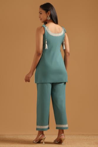Soch Womens Teal Cotton Embroidered Ethnic Motifs Sequence Work Kurta Set