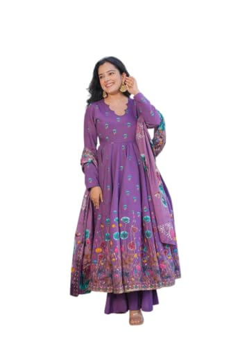 VARNI FABRICS: A lady's First Love Women's Floral Printed Anarkali Muslin Kurta Set With Dupatta, Full Sleeve, Ethnic Wear for Women (IN, Alpha, M, Regular, Purple)