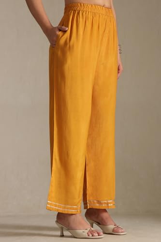 Soch Womens Mustard Crepe Floral Print Suit Set With Stone Work