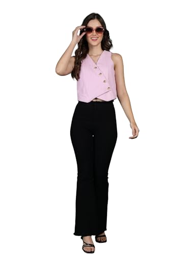 BIRDIE Women’s Corduroy Sleeveless V-Neck Waistcoat | Stylish Layering Top | Casual Office Wear (Baby Pink, L)