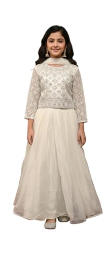 Aarika Girls Ethnic Wear Cream Colour MirrorEmbellished Emroidery Net Lehenga Choli Set With Dupatta-(4-15 Years)-(LCH-MC-02117-CREAM-28)