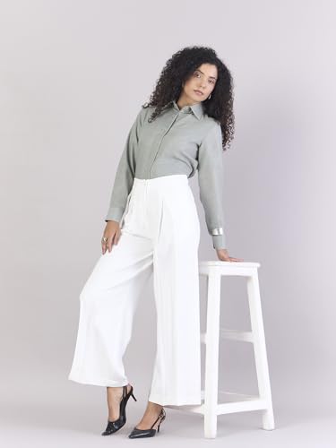 Powersutra Women High Rise White Trouser Pants | Solid | Formal Office Wear | High Waist | Pleated | Straight Fit | Side Pockets, Medium