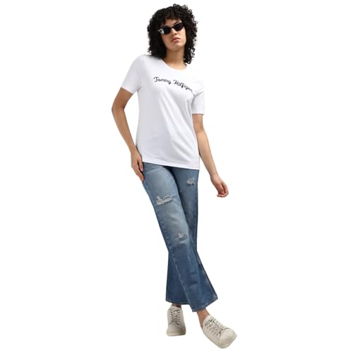 Tommy Hilfiger White Jersey Embroidered Women Regular Fit T-Shirt