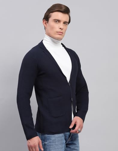 Monte Carlo Mens Navy Blue Self Design V Neck Full Sleeve Coat (1239388KC-148-42)
