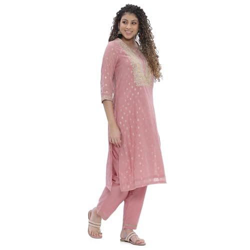 BIBA Women Dull Pink Embroidered Straight Suit Set_44