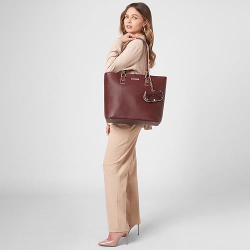 Caprese Lexi Large Laptop Tote Bag for Women | Solid Faux Leather Shoulder Handbag with Zipper Closure | External Eyewear/Sunglass Charm Case | Perfect for Office & Travel Use (Cherry Lacquer)