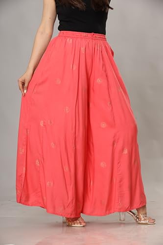 ABRAV Women's Rayon Gold Block Printed Palazzo (Size: Free Size) Palazzo || Skirt Palazzo || Rayon Palazzo || GOLDPRINT Palazzo || BLOCKPRINT Palazzo || (Peach)