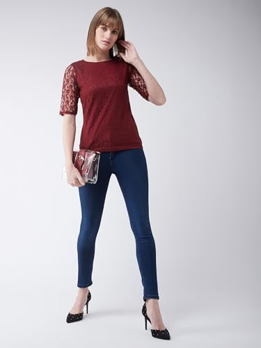 Miss Chase Women's Round Neck Half Sleeves Basic Lace Crop Top (MCAW25DEN63-03-616-03, Bright Maroon, S)