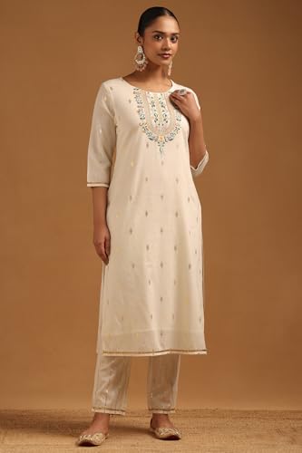 Soch Womens Off-White Pure Cotton Floral Embroidered Zari Woven Salwar Suit