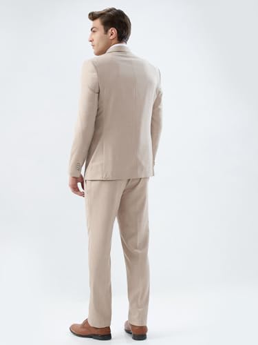 Park Avenue Men Slim Fit Solid Pattern Terry Rayon Blend Notch Lapel Full Sleeve Ceremonial Suit Fawn