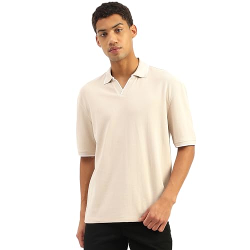 UNITED COLORS OF BENETTON Oversized Fit Johny Collar Textured T-Shirt (Size: S)-25P3S49J3941I152 Beige