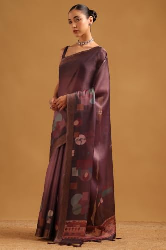 Soch Womens Wine Tissue Geometric Digital Printed Saree