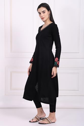 W for Woman Black Embroidered A-Line Acrylic Kurta (W13440-223871-M)
