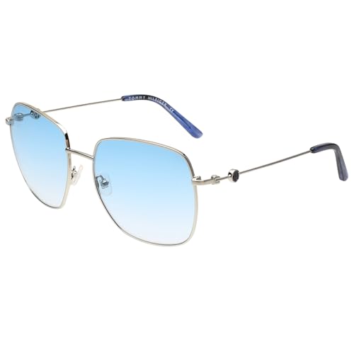 Tommy Hilfiger|Silver Full-rim Frame Square Sunglasses|100% UV Protected (Uv 400) Blue Gradient Faded Lens|Women's | Large | TH 2607 C5 SIBLBL 55 S