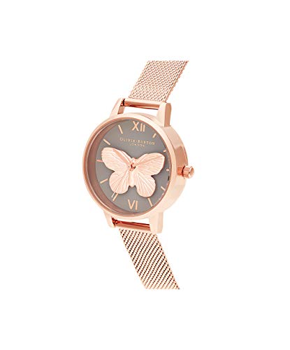 Olivia burton 3D Butterfly Qtz Basic Grey & Butterfly Round Dial Women's Watch|Ionic Plated Rose Gold Steel Material|Gold Color Band - OB16MB28