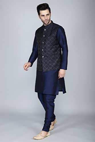 Ethluxis Men's Silk Blend Kurta Churidar Pyjama With Ethnic Bundi Jacket Set (38, Navy/Navy, Regular Fit)