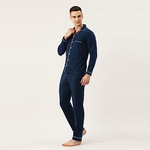 NITE FLITE Picasso Blue Mens Cotton Nightwear Full Sleeve | Top and Pyjama Set (Navy Blue, XXL)