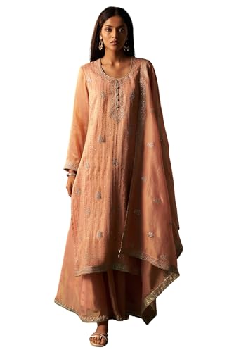 Wishful Women's Pink Dori Embroidered Straight Tissue Organza Kurta with Culotte and Dupatta Set (SP12857-401185-S)