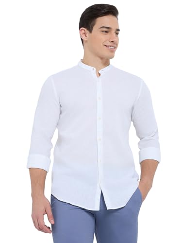 Raymond Men Regular Fit Chambray Pattern Cotton Linen Blend Mandarin Collar Full Sleeve Casual Shirt (Size: 39)-RCSM01923-W0