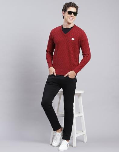 Monte Carlo Plum Self Design V Neck Pullover | Warm Woolen Pullover for Men | Soft Comfortable Knitted Winter Wear Sweater for Men's