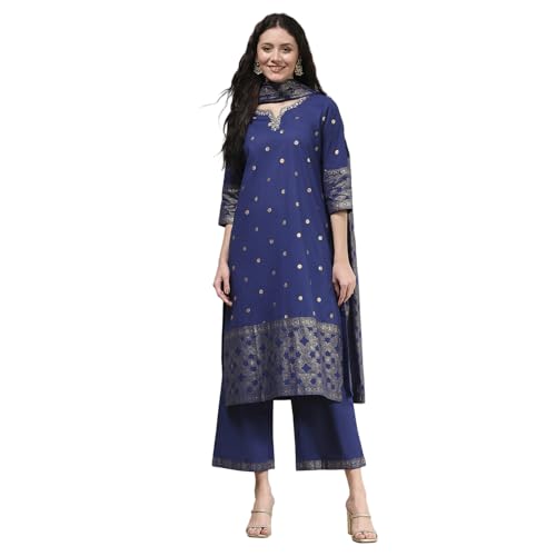 Biba Women's Blue Cotton Straight Printed Suit Set