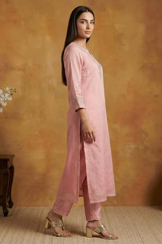W for Woman Pink Floral Tissue Straight Kurta with Straight Pant and Dupatta Set-(WS13241-224192-M)