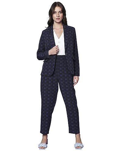VERO MODA Women Checkered Polyester Blend Navy Blue Blazer