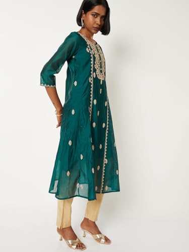 Max Women Embroidered A-line Kurta (Green_L)