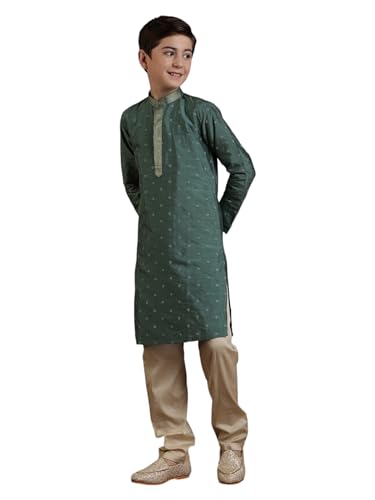 Manyavar Olive Green Blended Viscose Embroidery|Zari Kurta Pyjama Set for Child(12-14 years)